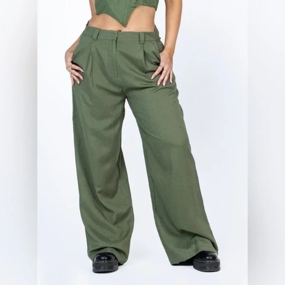 Lioness Green Wide Leg Linen-blend Trousers NWT!!
